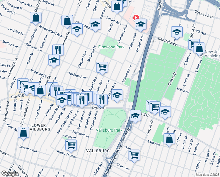 map of restaurants, bars, coffee shops, grocery stores, and more near 71 North Munn Avenue in Newark