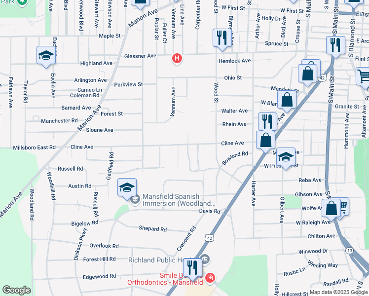 map of restaurants, bars, coffee shops, grocery stores, and more near 339 Cline Avenue in Mansfield