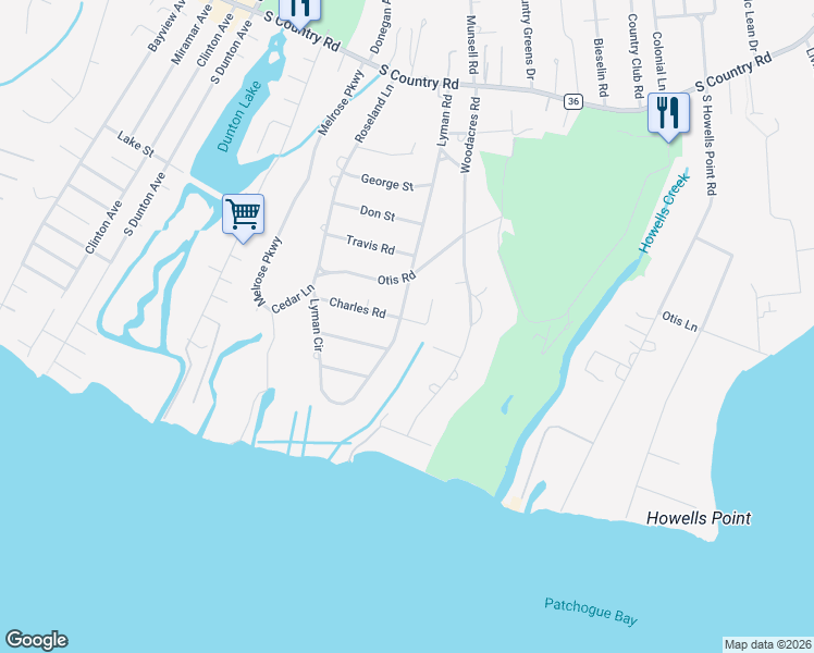 map of restaurants, bars, coffee shops, grocery stores, and more near 183 Lyman Road in Patchogue