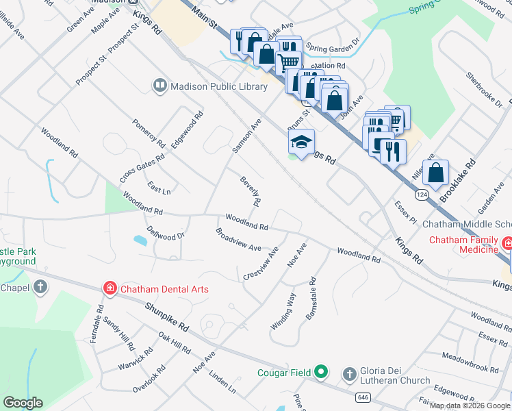 map of restaurants, bars, coffee shops, grocery stores, and more near 25 Beverly Road in Madison