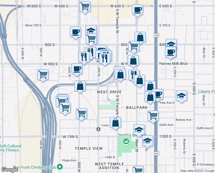 map of restaurants, bars, coffee shops, grocery stores, and more near 140 Mead Avenue South in Salt Lake City