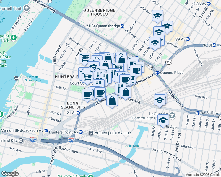 map of restaurants, bars, coffee shops, grocery stores, and more near 1 Court Square West in Queens