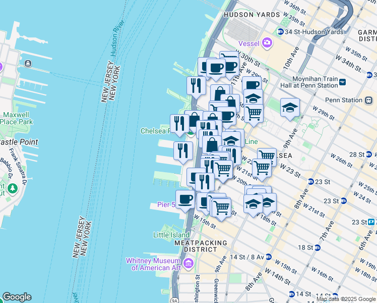 map of restaurants, bars, coffee shops, grocery stores, and more near 61 Chelsea Piers in New York