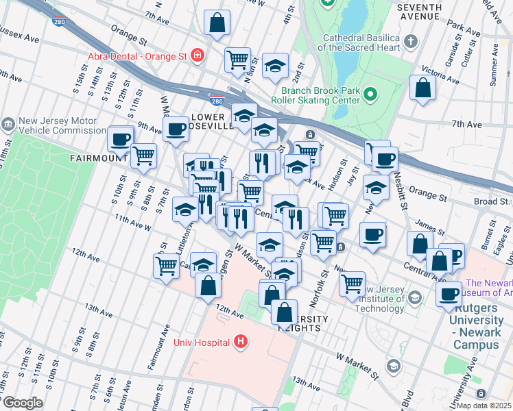 map of restaurants, bars, coffee shops, grocery stores, and more near 393 Central Avenue in Newark