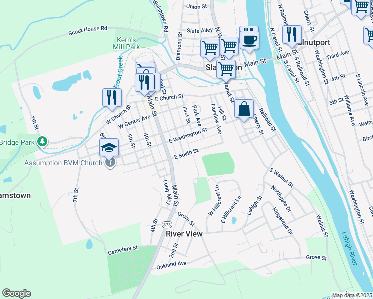 map of restaurants, bars, coffee shops, grocery stores, and more near 112 East South Street in Slatington
