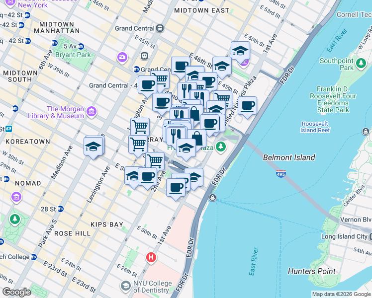 map of restaurants, bars, coffee shops, grocery stores, and more near 311 East 38th Street in New York