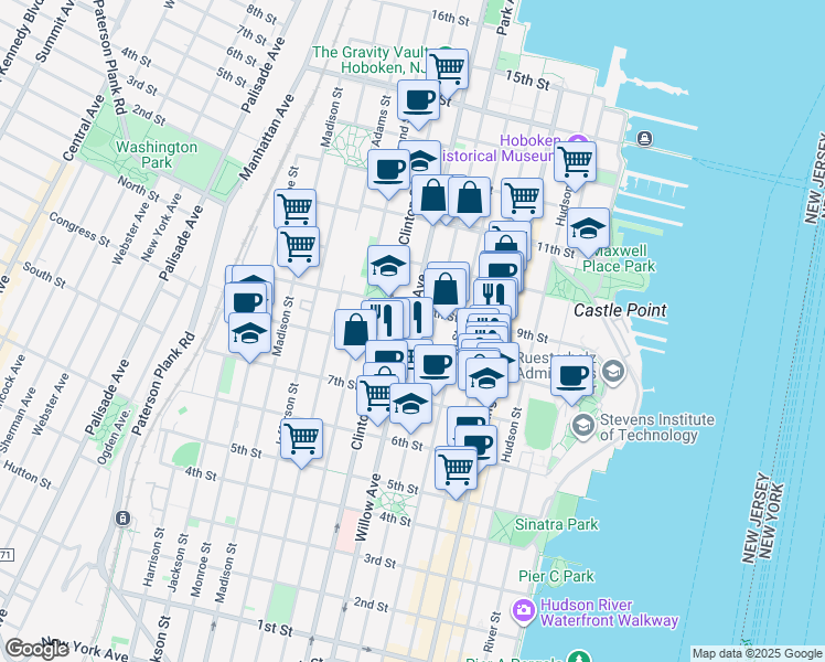 map of restaurants, bars, coffee shops, grocery stores, and more near 836 Park Avenue in Hoboken