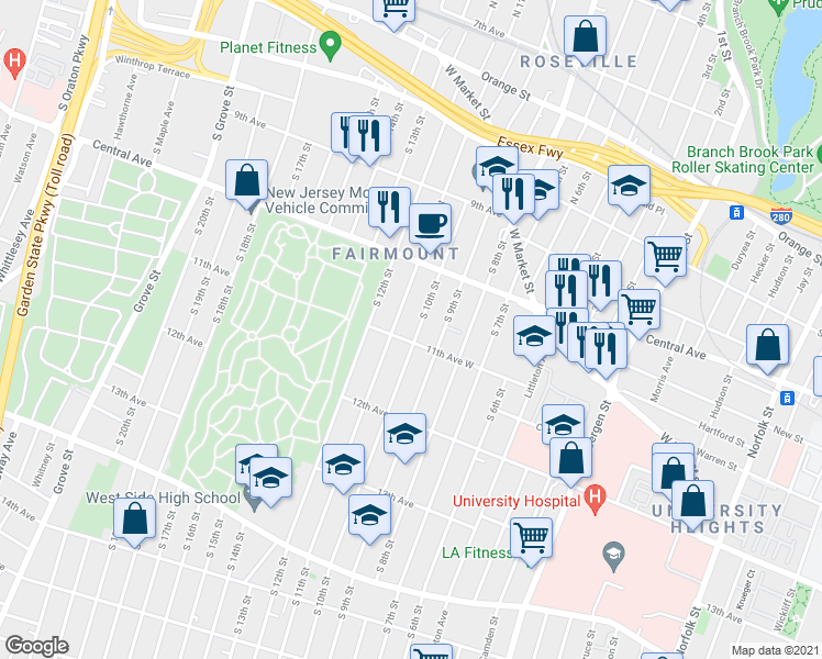 map of restaurants, bars, coffee shops, grocery stores, and more near 161 South 10th Street in Newark