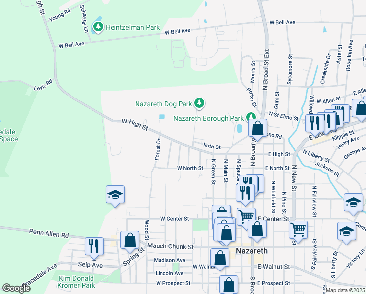 map of restaurants, bars, coffee shops, grocery stores, and more near 266 West High Street in Nazareth