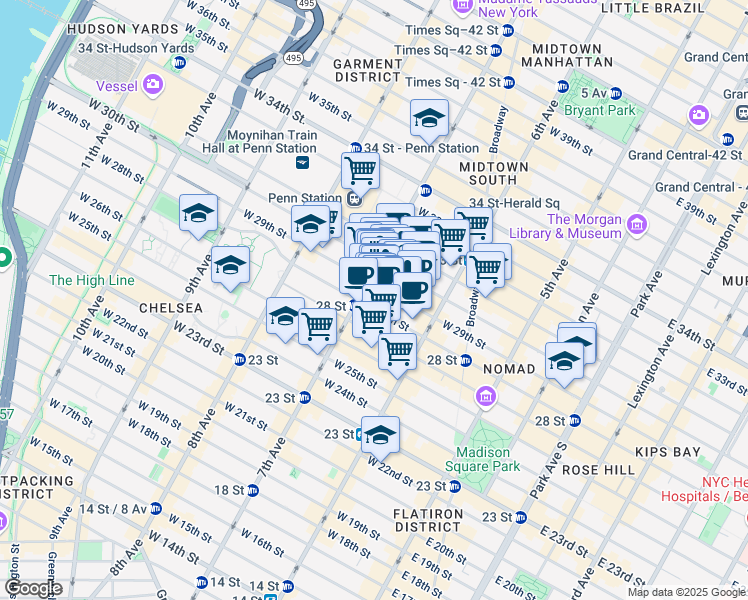 map of restaurants, bars, coffee shops, grocery stores, and more near 145 West 28th Street in New York