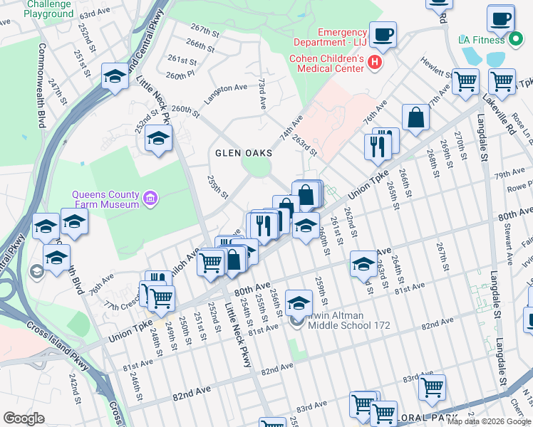 map of restaurants, bars, coffee shops, grocery stores, and more near 255-39 75th Avenue in Queens