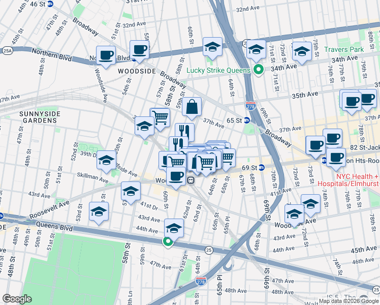 map of restaurants, bars, coffee shops, grocery stores, and more near 38-03 61st Street in Queens