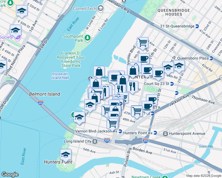 map of restaurants, bars, coffee shops, grocery stores, and more near 5-8 46th Avenue in Queens