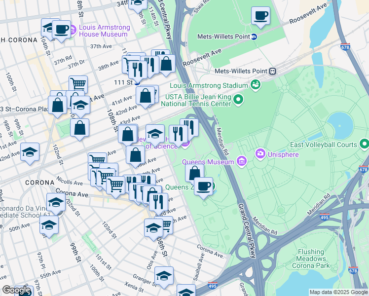 map of restaurants, bars, coffee shops, grocery stores, and more near 47-01 111th Street in Queens