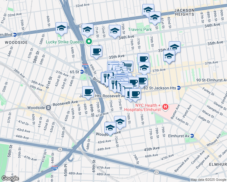 map of restaurants, bars, coffee shops, grocery stores, and more near 7232 Broadway in Queens