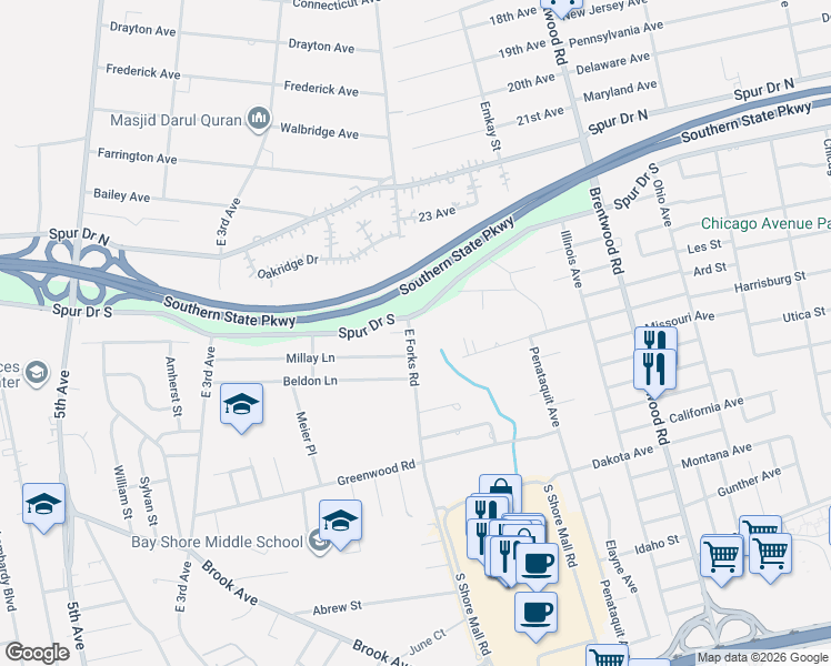 map of restaurants, bars, coffee shops, grocery stores, and more near 1455 East Forks Road in Bay Shore
