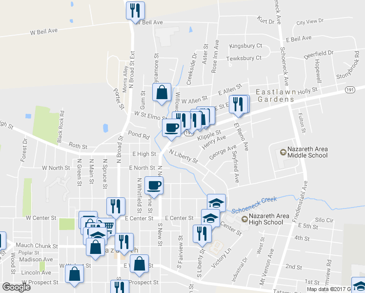 map of restaurants, bars, coffee shops, grocery stores, and more near 258 North Liberty Street in Nazareth