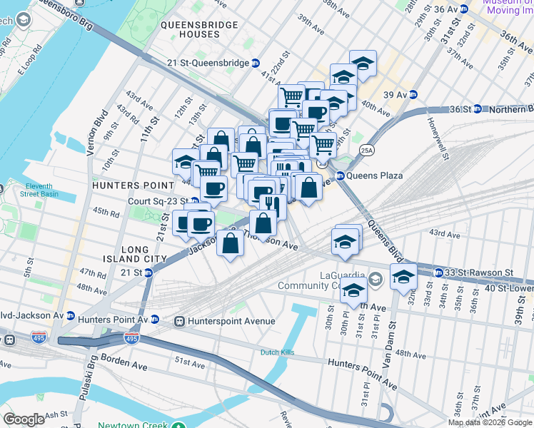 map of restaurants, bars, coffee shops, grocery stores, and more near 26-16 Jackson Avenue in Queens