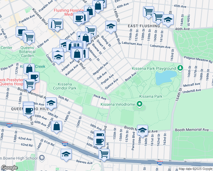map of restaurants, bars, coffee shops, grocery stores, and more near 13 Poplar Avenue in Queens