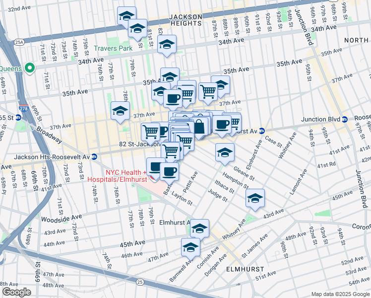 map of restaurants, bars, coffee shops, grocery stores, and more near 83-20 Roosevelt Avenue in Queens