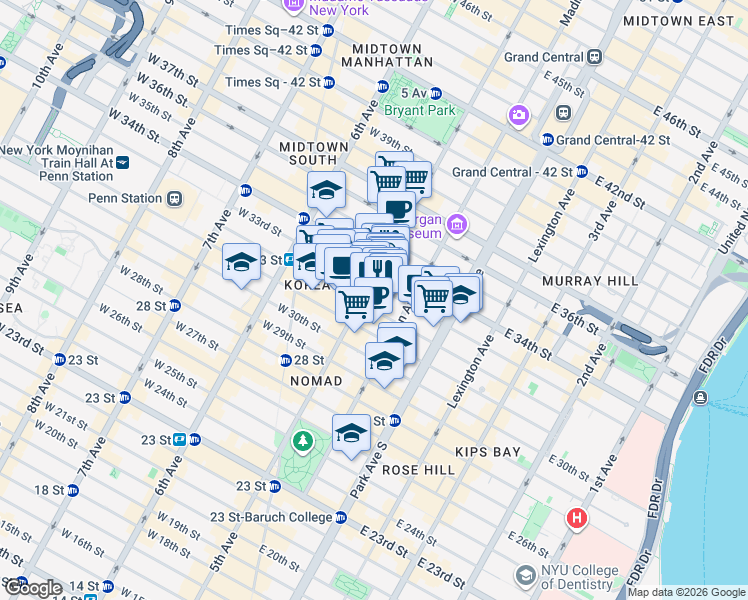 map of restaurants, bars, coffee shops, grocery stores, and more near 325 5th Avenue in New York