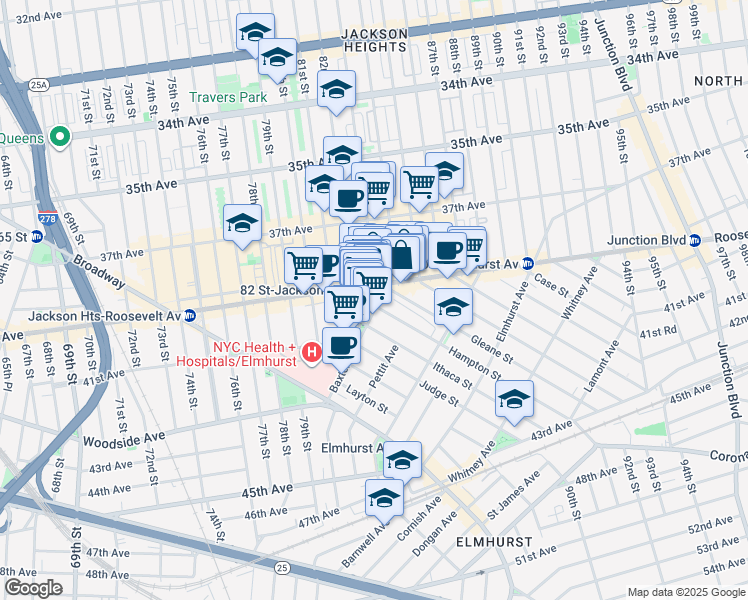 map of restaurants, bars, coffee shops, grocery stores, and more near 83-20 Roosevelt Avenue in Queens
