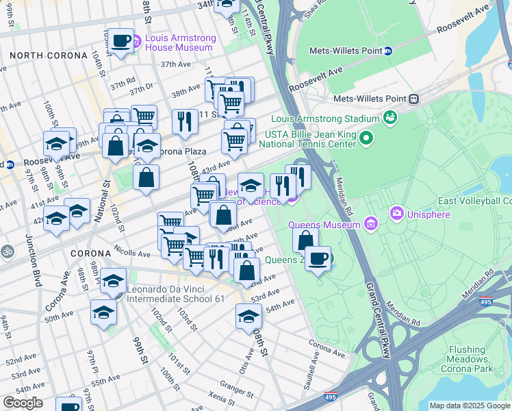 map of restaurants, bars, coffee shops, grocery stores, and more near 47-02 111th Street in Queens