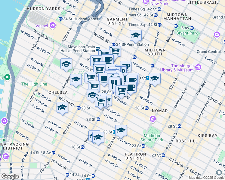map of restaurants, bars, coffee shops, grocery stores, and more near 307 7th Avenue in New York