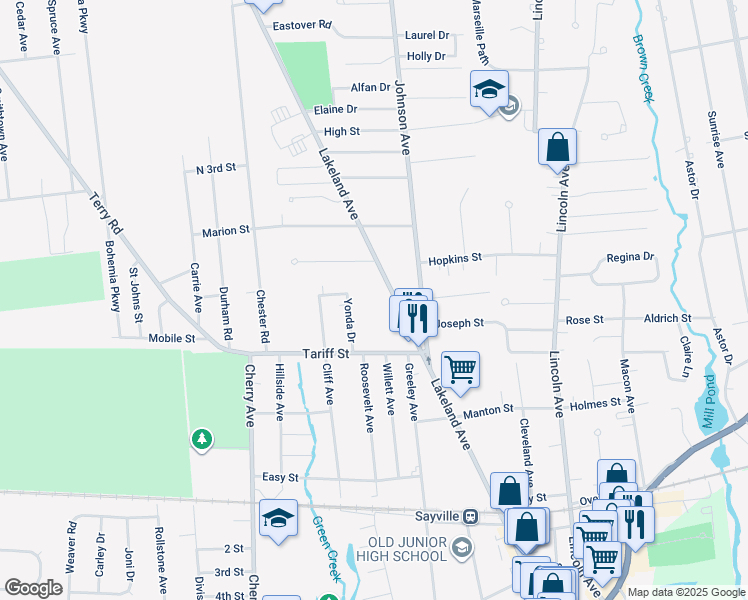 map of restaurants, bars, coffee shops, grocery stores, and more near 226 Lakeland Avenue in Sayville