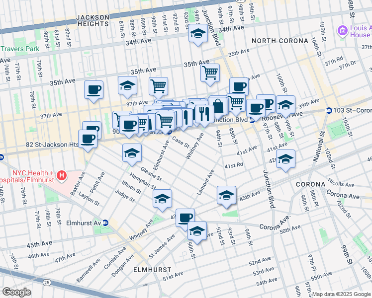map of restaurants, bars, coffee shops, grocery stores, and more near 40-59 Case Street in Queens