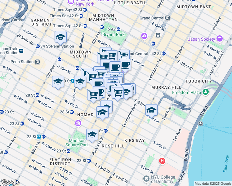 map of restaurants, bars, coffee shops, grocery stores, and more near 185 Madison Avenue in New York