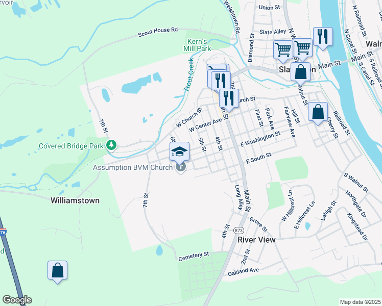 map of restaurants, bars, coffee shops, grocery stores, and more near 537 West Franklin Street in Slatington