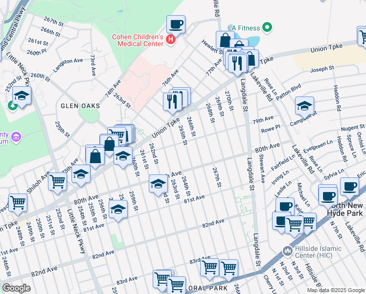 map of restaurants, bars, coffee shops, grocery stores, and more near 79-10 265th Street in Queens