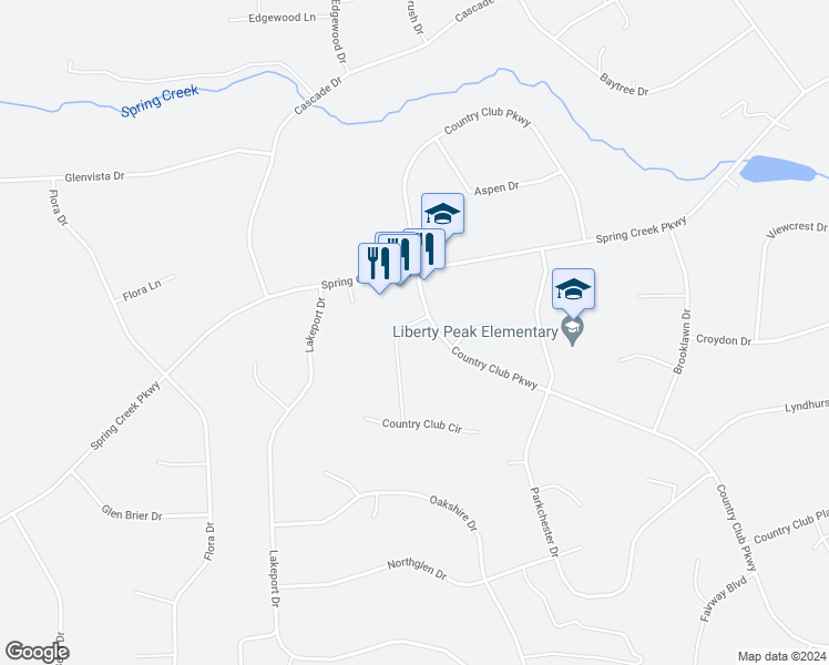 map of restaurants, bars, coffee shops, grocery stores, and more near 246 Country Club Place in Spring Creek