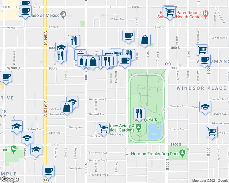 map of restaurants, bars, coffee shops, grocery stores, and more near 418 Williams Avenue South in Salt Lake City