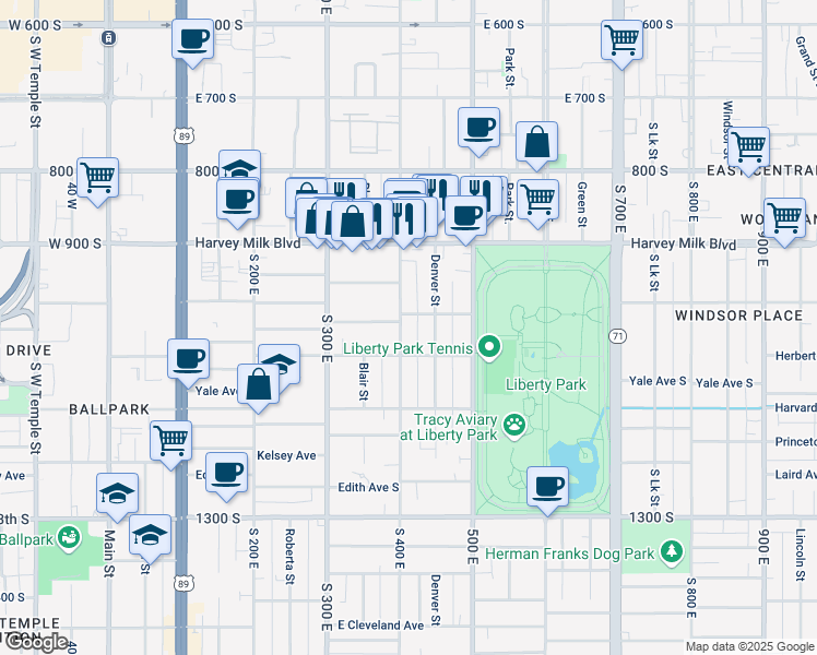 map of restaurants, bars, coffee shops, grocery stores, and more near 418 Williams Avenue South in Salt Lake City