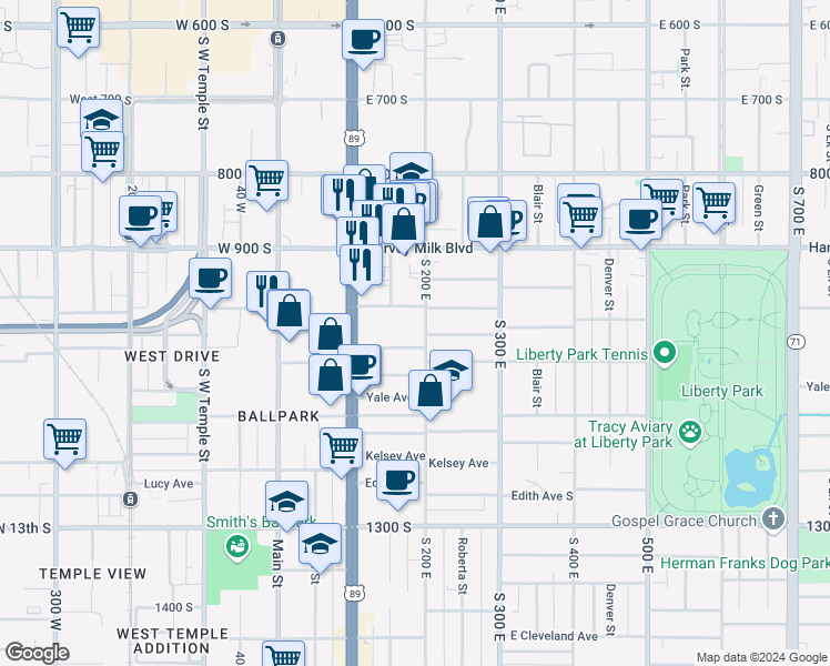 map of restaurants, bars, coffee shops, grocery stores, and more near 976 South 200 West in Salt Lake City