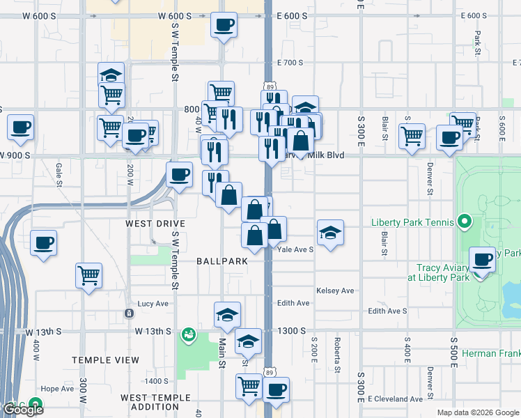 map of restaurants, bars, coffee shops, grocery stores, and more near 999 State Street in Salt Lake City