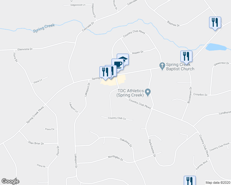 map of restaurants, bars, coffee shops, grocery stores, and more near 246 Country Club Place in Spring Creek