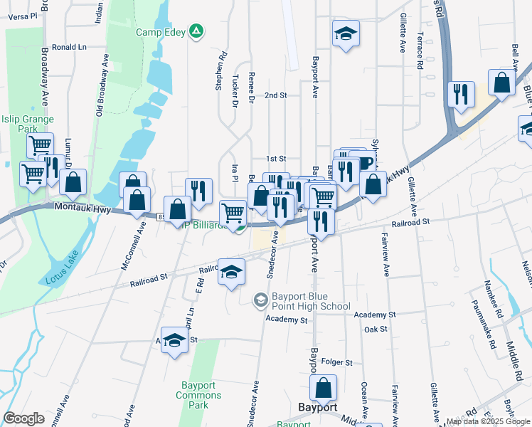 map of restaurants, bars, coffee shops, grocery stores, and more near 317 Bernice Drive in Bayport