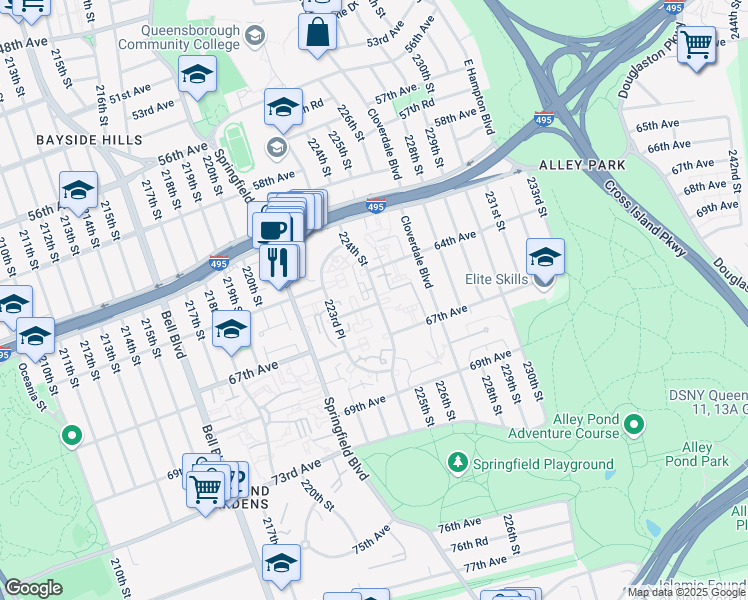 map of restaurants, bars, coffee shops, grocery stores, and more near 64-39 224 Street in Queens