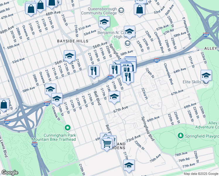 map of restaurants, bars, coffee shops, grocery stores, and more near 61-10 218th Street in Queens