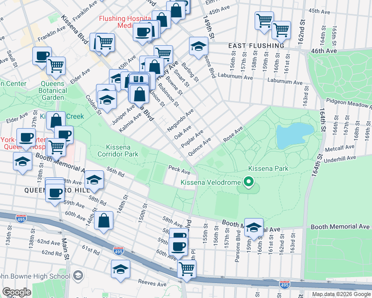 map of restaurants, bars, coffee shops, grocery stores, and more near 13 Poplar Avenue in Queens