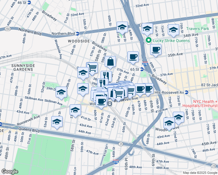 map of restaurants, bars, coffee shops, grocery stores, and more near 38-03 61st Street in Queens