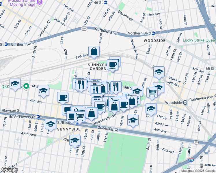map of restaurants, bars, coffee shops, grocery stores, and more near 39-49 50th Street in Queens