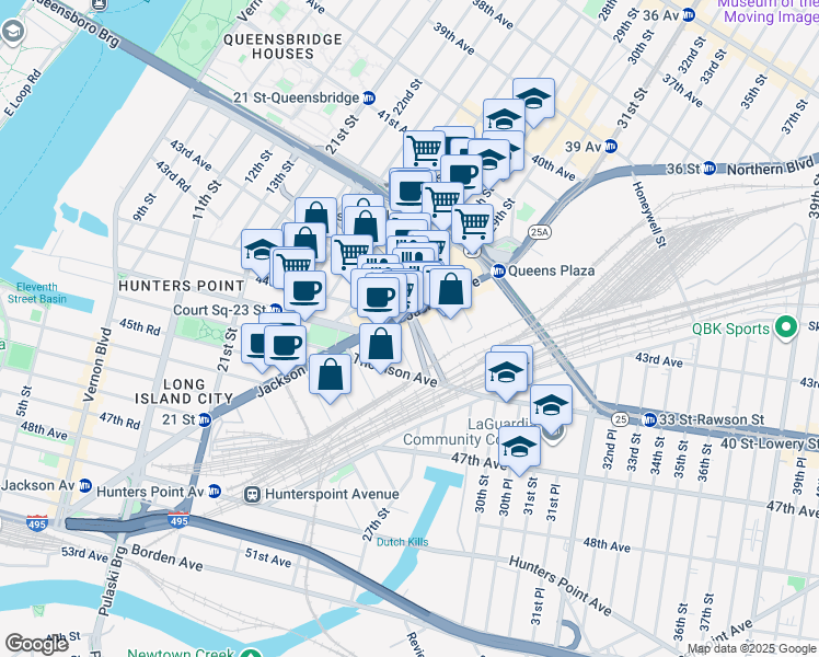 map of restaurants, bars, coffee shops, grocery stores, and more near 26-36 Jackson Avenue in Queens