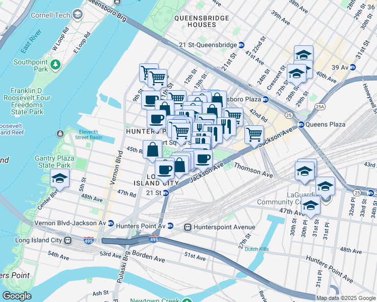 map of restaurants, bars, coffee shops, grocery stores, and more near 44-66 21st Street in Queens