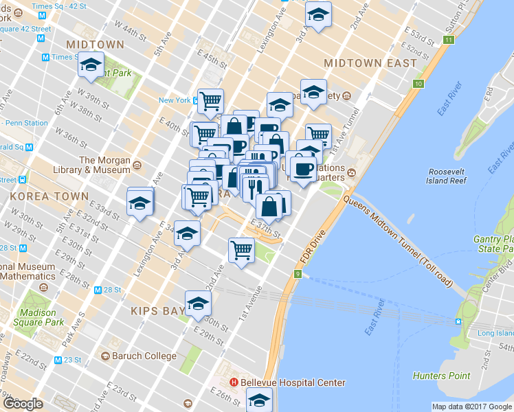 map of restaurants, bars, coffee shops, grocery stores, and more near in New York