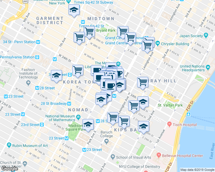 map of restaurants, bars, coffee shops, grocery stores, and more near 185 Madison Avenue in New York