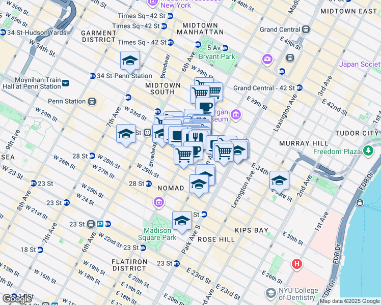 map of restaurants, bars, coffee shops, grocery stores, and more near 10E East 33rd Street in New York
